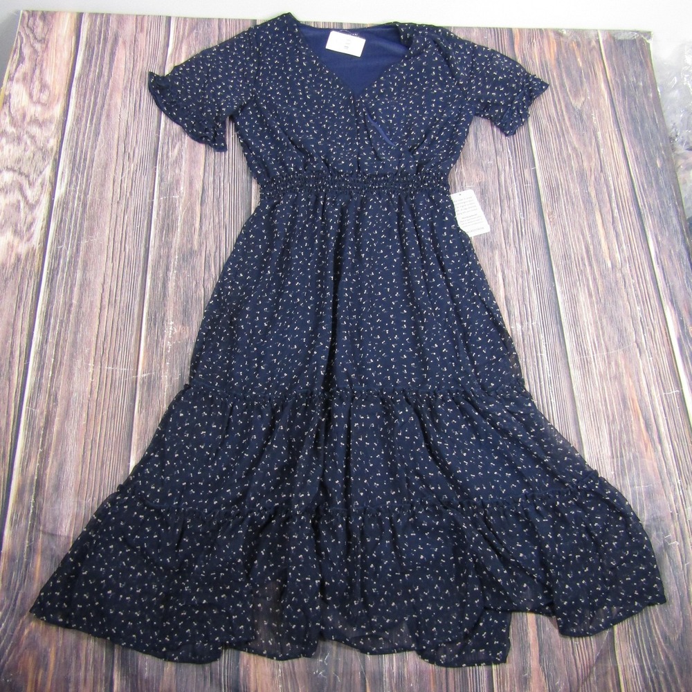 West Kei Dress Womens Medium Navy Ditsy Floral V-Neck Midi Made in USA D6258